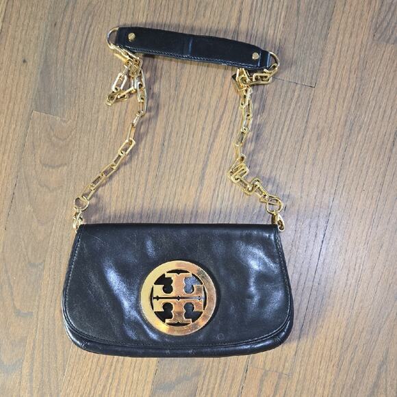Tory Burch Handbags - Tory Burch Black Leather Clutch with Gold Crossbody Chain